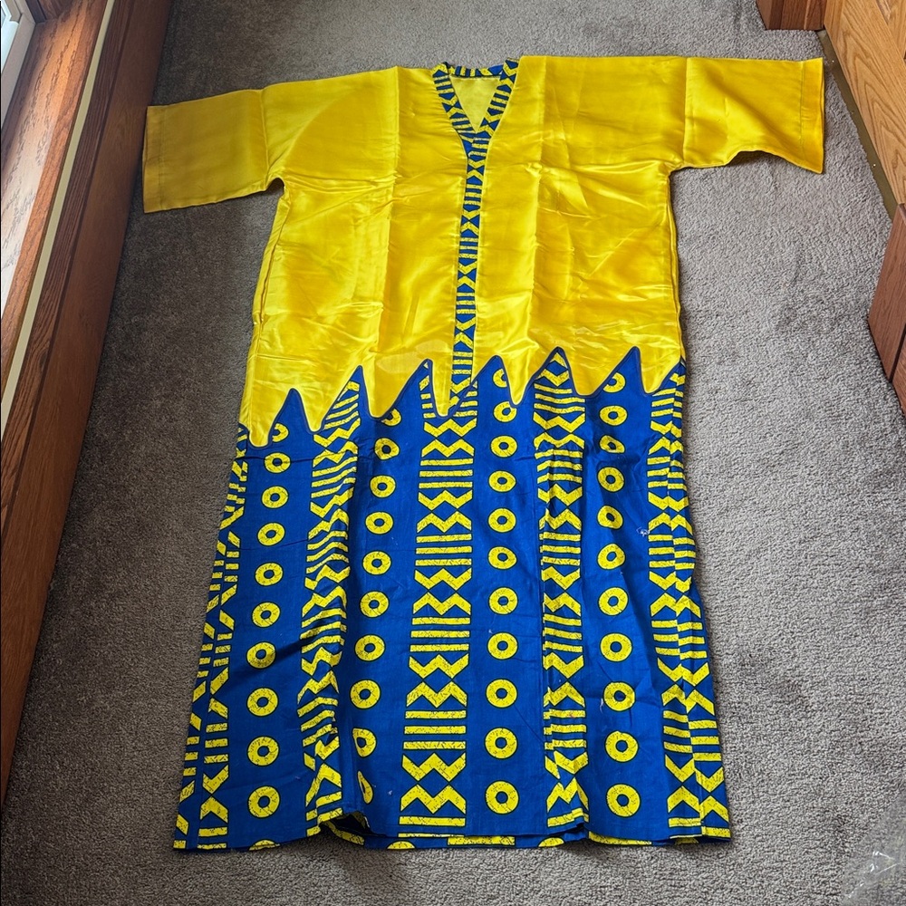 Yellow/Blue Satin Two Piece African Dress Set SIZE S-XL - Picture 2 of 7